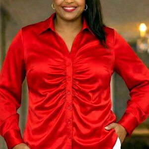 Red Satin Shirred Blouse Plus Size Button Front  Glam Top